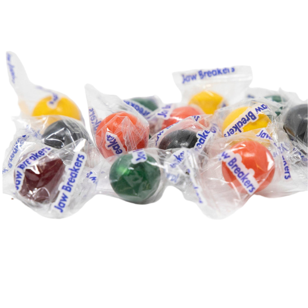 Assorted colorful jaw breakers in clear packaging on a white background