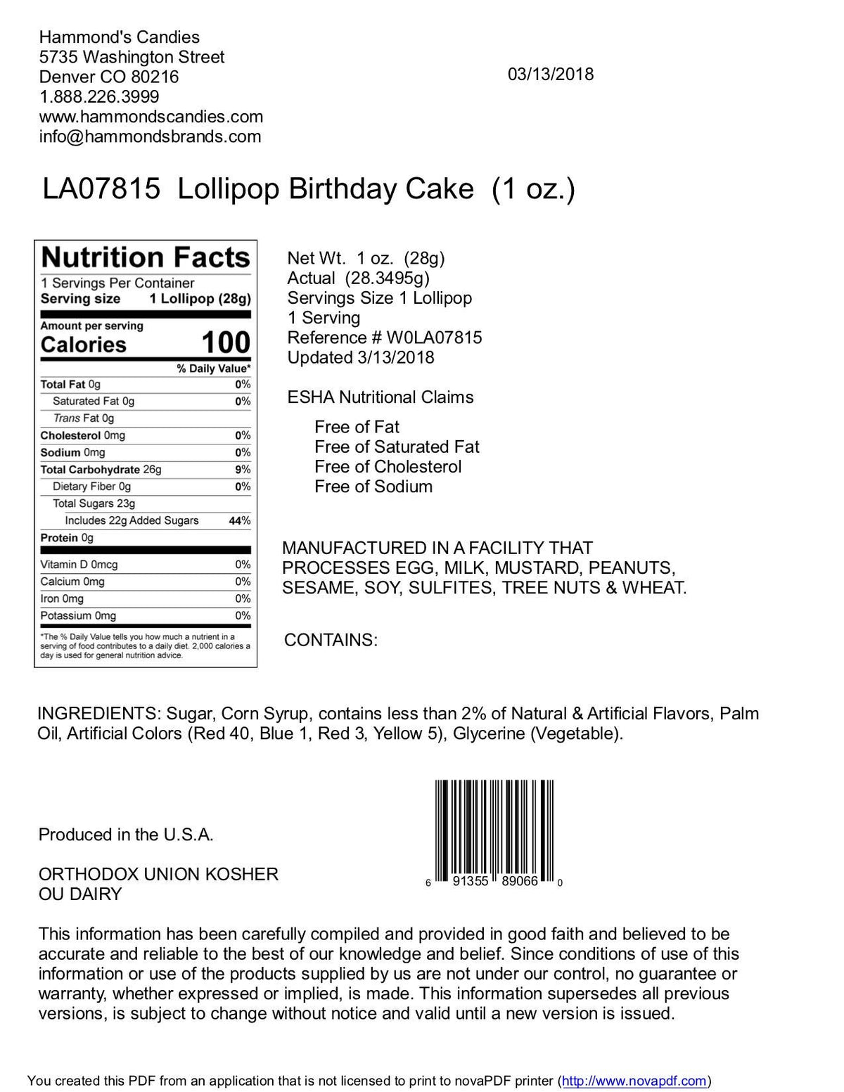 Hammond's Birthday Cake Gourmet Lollipop