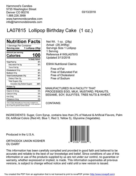 Hammond's Birthday Cake Gourmet Lollipop