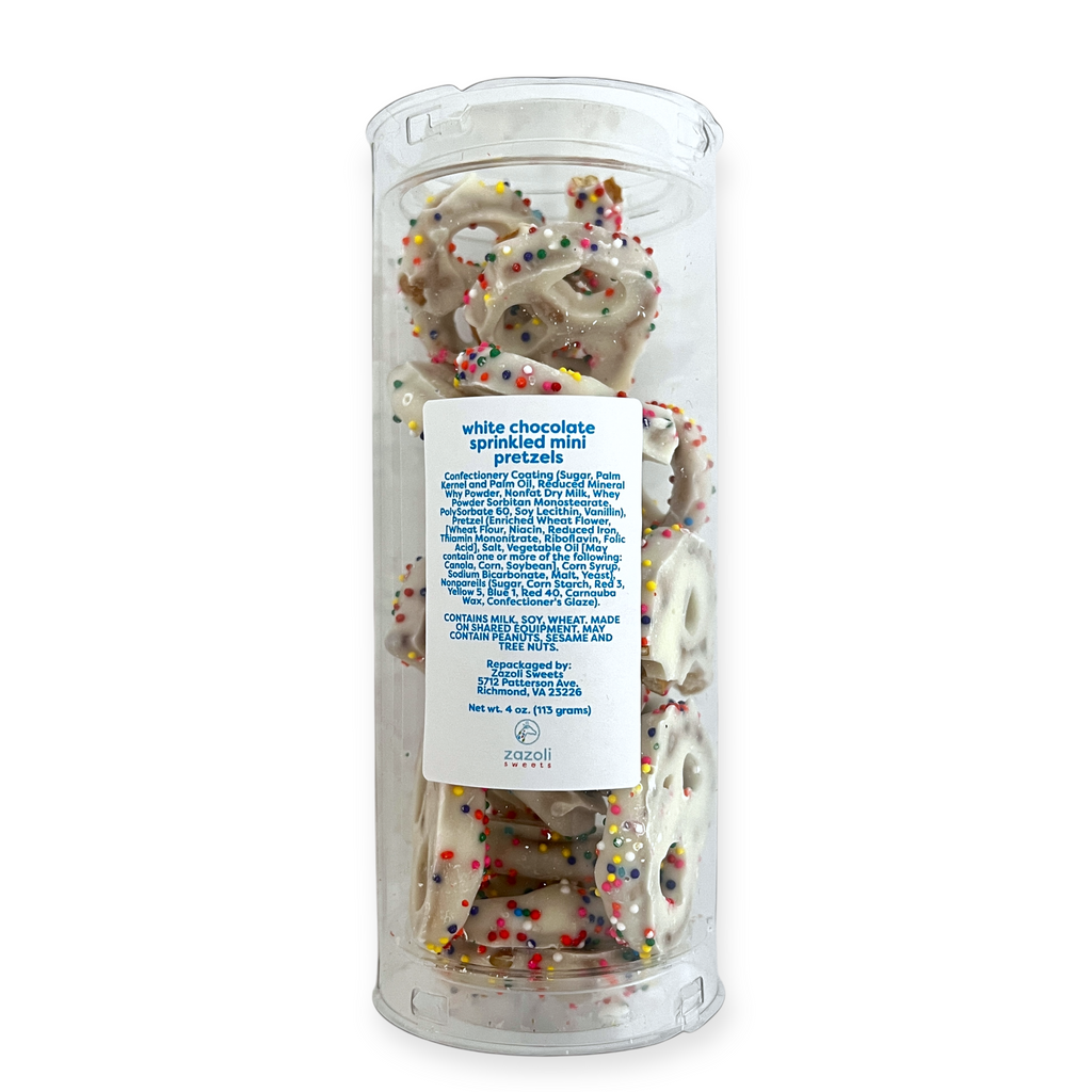 White Chocolate Mini Pretzels with Rainbow Nonpareils - Gift Tube